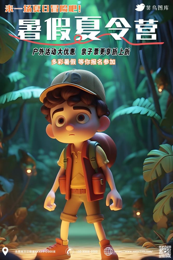 暑假夏令营户外冒险大自然3D海报(2000x3000)psd模版下载