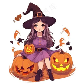 万圣节女巫南瓜灯捣蛋卡通插画免抠