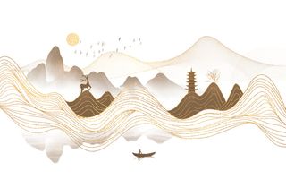 金色线条山水插画海报背景
