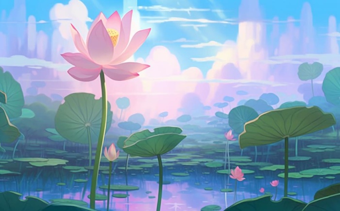 夏日荷花池塘天空插画背景(1392x864)