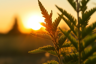 落日下的草丛绿叶映照着余晖摄影图