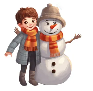 孩童堆雪人可爱卡通插画免抠