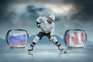 国旗和打冰球的男人