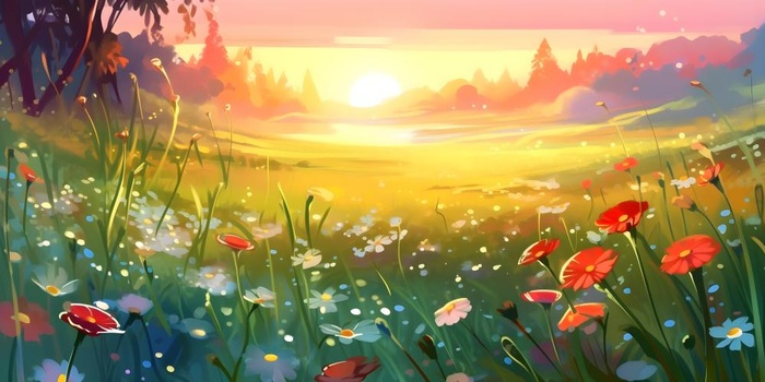 春天夕阳花丛草丛森林手绘插画海报素材背景(6144x3072)