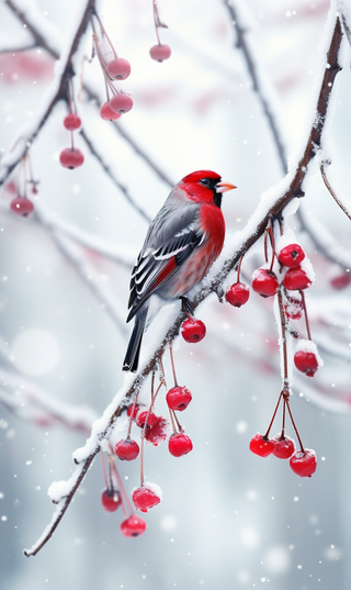 冬日下雪天小鸟站在红色果子枝条上摄影图