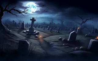 万圣节夜晚坟墓恐怖月色树林插画蓝黑色背景