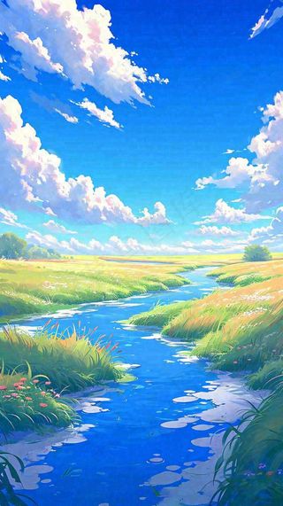 蓝天白云草地溪流春天阳光灿烂的日子春分春风，插画手绘