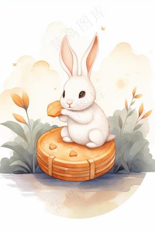 月饼小白兔玩耍插画水彩画背景