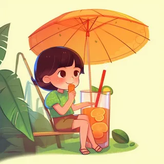 遮阳伞下女孩在喝饮料插画背景
