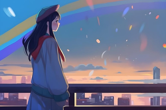 天空彩虹白云毕业的女孩插画背景