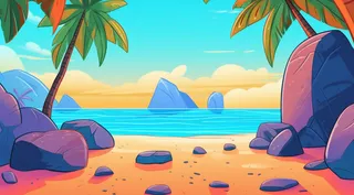 带有棕榈树和石头的热带海滩的 Instagram 图标图像，充满活力的漫画风格，天蓝色，彩色动画剧照，大型画布绘画，3840x2160，极简主义背景，生动的海景插画背景