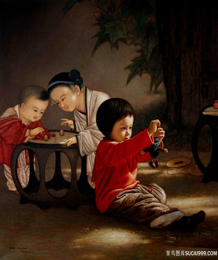 大树母子玩乐风景画油画