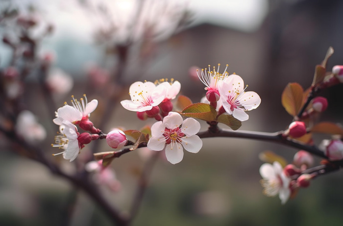 开花的中国传统梅花在阳光下摄影图(5440x3584)