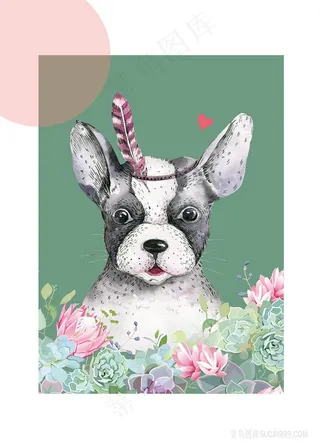 水彩狗唯美花卉插画