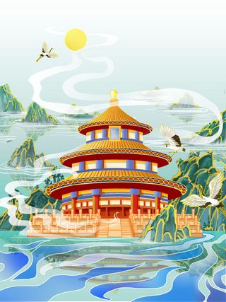 中国风国潮古建筑地标城市古风建筑阁楼印象地标手绘插画PSD素材