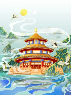 中国风国潮古建筑地标城市古风建筑阁楼印象地标手绘插画PSD素材 中国风国潮古建筑地标城市古风建筑阁楼印象地标手绘插画PSD素材