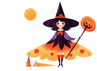 万圣节女巫蝙蝠南瓜卡通插画免抠