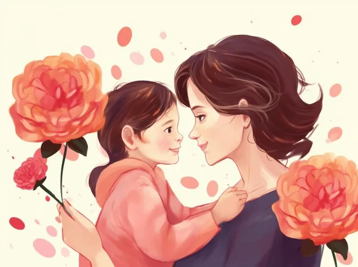 母亲节妈妈拥抱着孩子花海手绘插画素材海报背景(1264x944)
