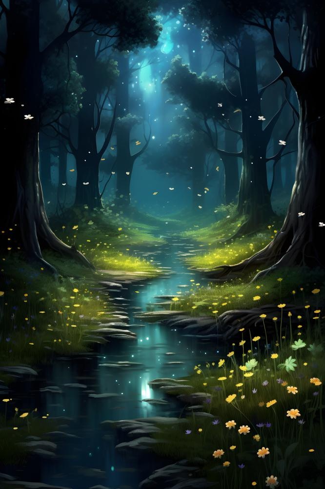 夜晚森林萤火虫树林背景(2400x3600)