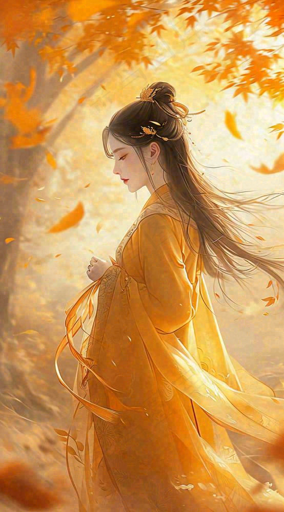 中国风秋天秋叶橙色古风美人手绘插画(816x1472)