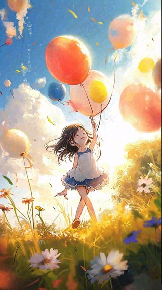 一个可爱的小女孩手里牵着彩色气球在草地上奔跑夏天，儿童节