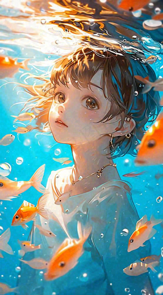 夏天泳池游泳少年儿童手绘插画，夏至小暑(816x1472)