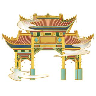 中国风复古式国潮门楼手绘城门插画牌楼建筑PSD素材png免扣图