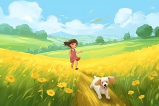 春天蓝天白云草原黄花小女孩小狗动物漫步奔跑