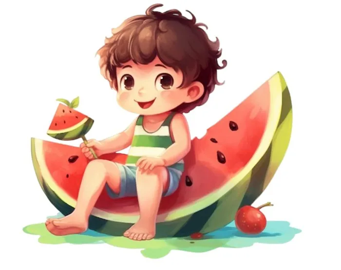 男孩和西瓜插画免抠(1232x976)