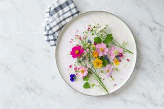 鲜花彩色花朵碟子摆盘简约摄影图