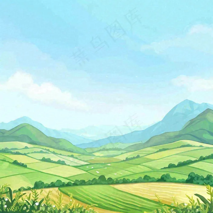 春天清新山脉田间草地绿植手绘插画(1024x1024)
