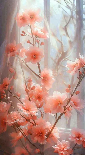 春天窗台粉色渐变鲜花，枝叶，春节立春