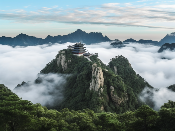 a tall building sitting on top of a lush green hillside, a picture inspired by Li Keran, unsplash contest winner, sōsaku hanga, the taoist temples of huangshan, chinese landscape, cafe in the clouds (3696x2784)