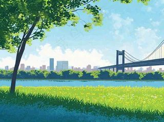 城市河边草地交通风景，春天阳光蓝天白云手绘插画