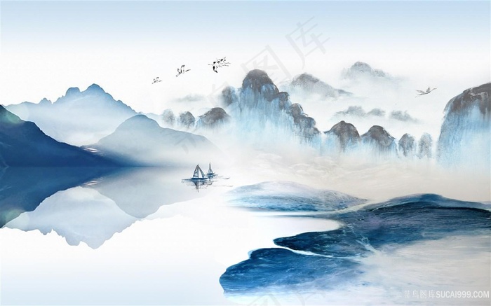 流水生财风景字画高清分辨率喷绘打印办公室挂画素材山水花草