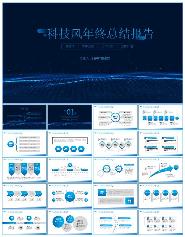 清新简约渐变蓝科技风年终总结ppt模板