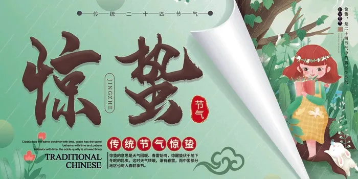 浅绿手绘风二十四节气惊蛰展板psd模版下载