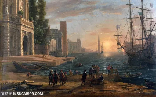 城堡战舰田园风光风景油画