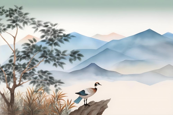 古风山水画迎客松鸟水墨画背景(4032x2688)