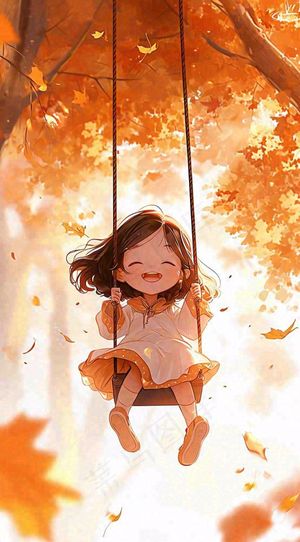 秋天秋叶少女儿童荡秋千玩耍，可爱手绘插画