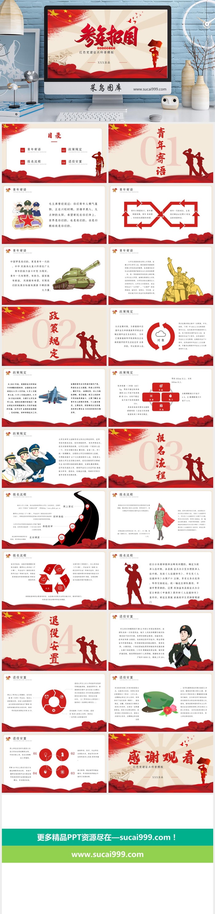 红色 参军报国 中国梦 PPT模板
