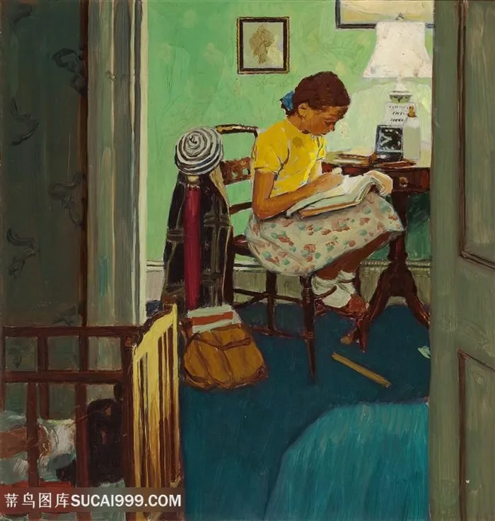 诺曼 · 洛克威尔手绘室内看书女孩装饰画