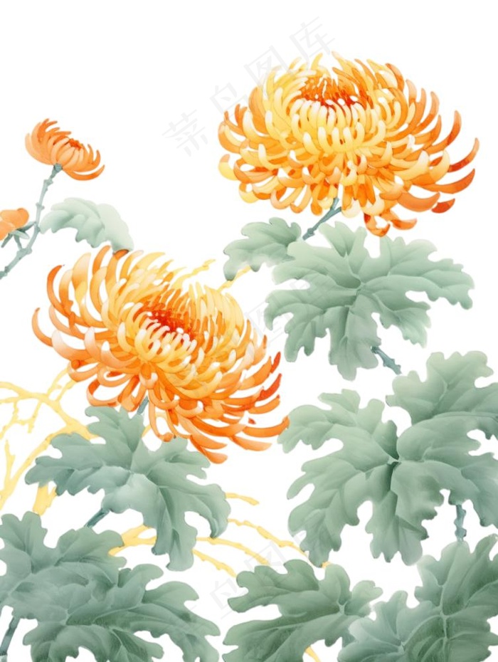 黄色菊花水墨画茶壶重阳节元素免抠(928x1232)
