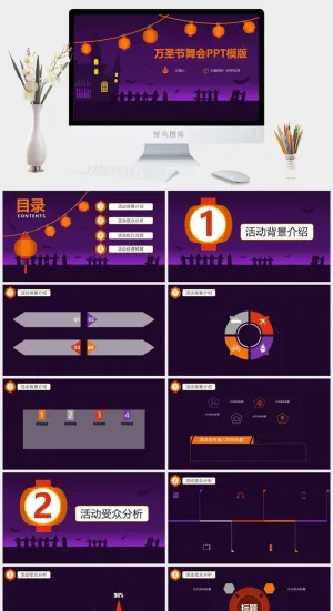 紫色动态卡通万圣节舞会活动策划PPT模板预览图