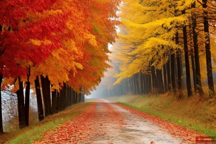 秋天公路边的枫树和银杏树落叶摄影图(4032x2688)