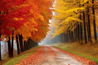 秋天公路边的枫树和银杏树落叶摄影图