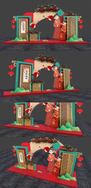 红色中式浪漫婚礼迎宾区美陈婚礼美陈