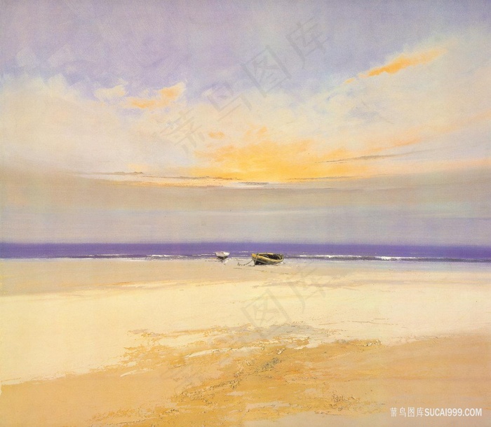 沙滩海景唯美风景画油画