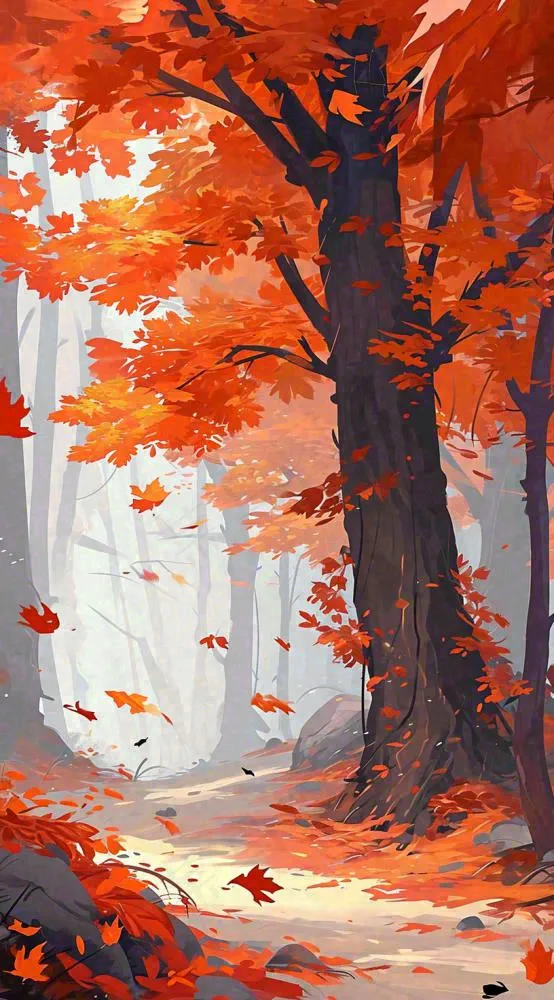 秋天红色秋叶树落叶温馨自然风景，立秋手绘插画(816x1472)