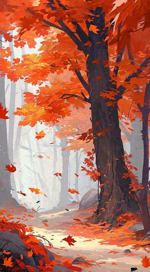 秋天红色秋叶树落叶温馨自然风景，立秋手绘插画